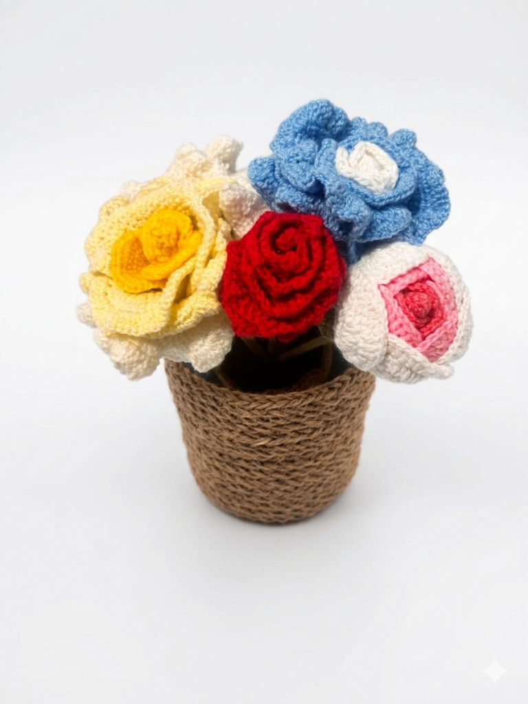 Handmade Crochet Flower Bouquet with Jute Pot