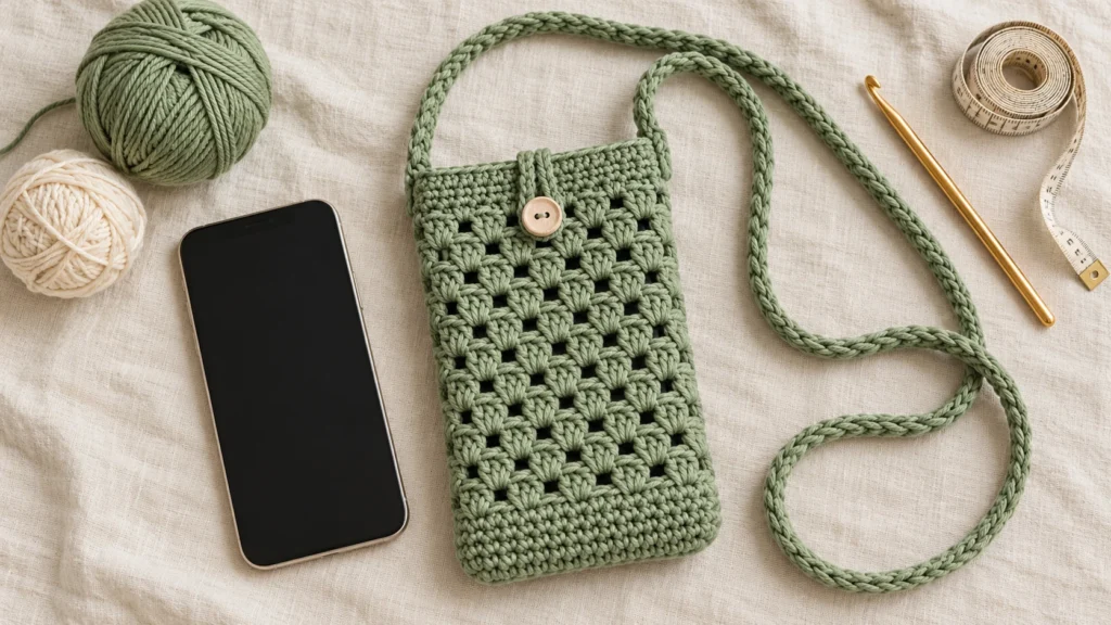 Sage-green crochet phone bag with granny-stitch body, button loop and braided strap beside a phone, yarn and crochet hook