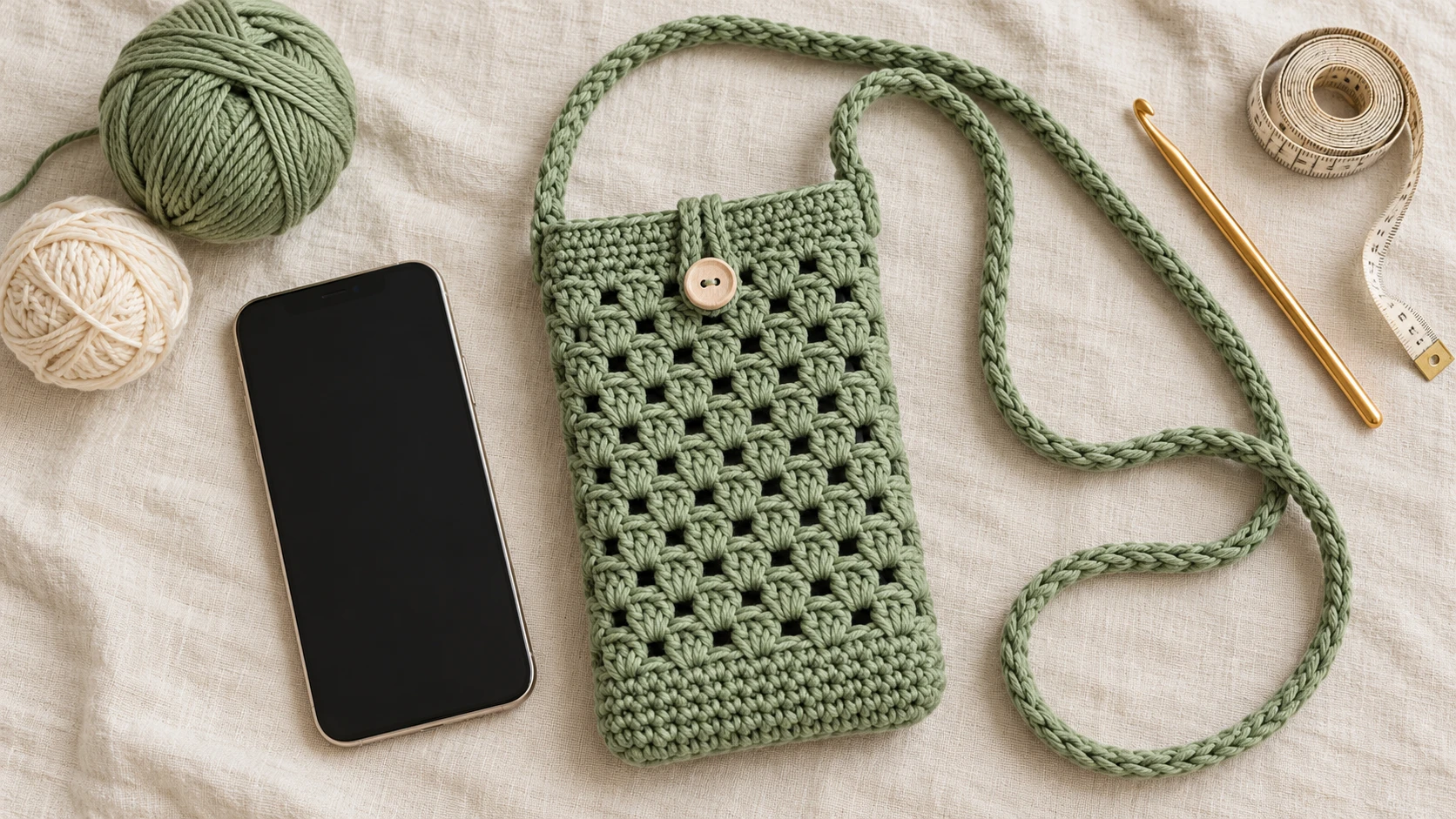 Sage-green crochet phone bag with granny-stitch body, button loop and braided strap beside a phone, yarn and crochet hook