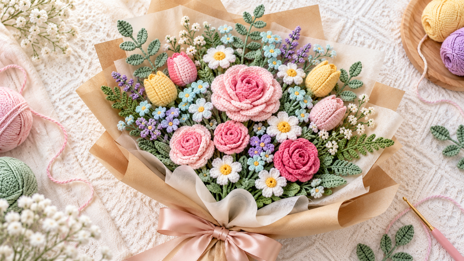 Handmade crochet bouquet with pink roses, tulips and daisies wrapped in kraft paper