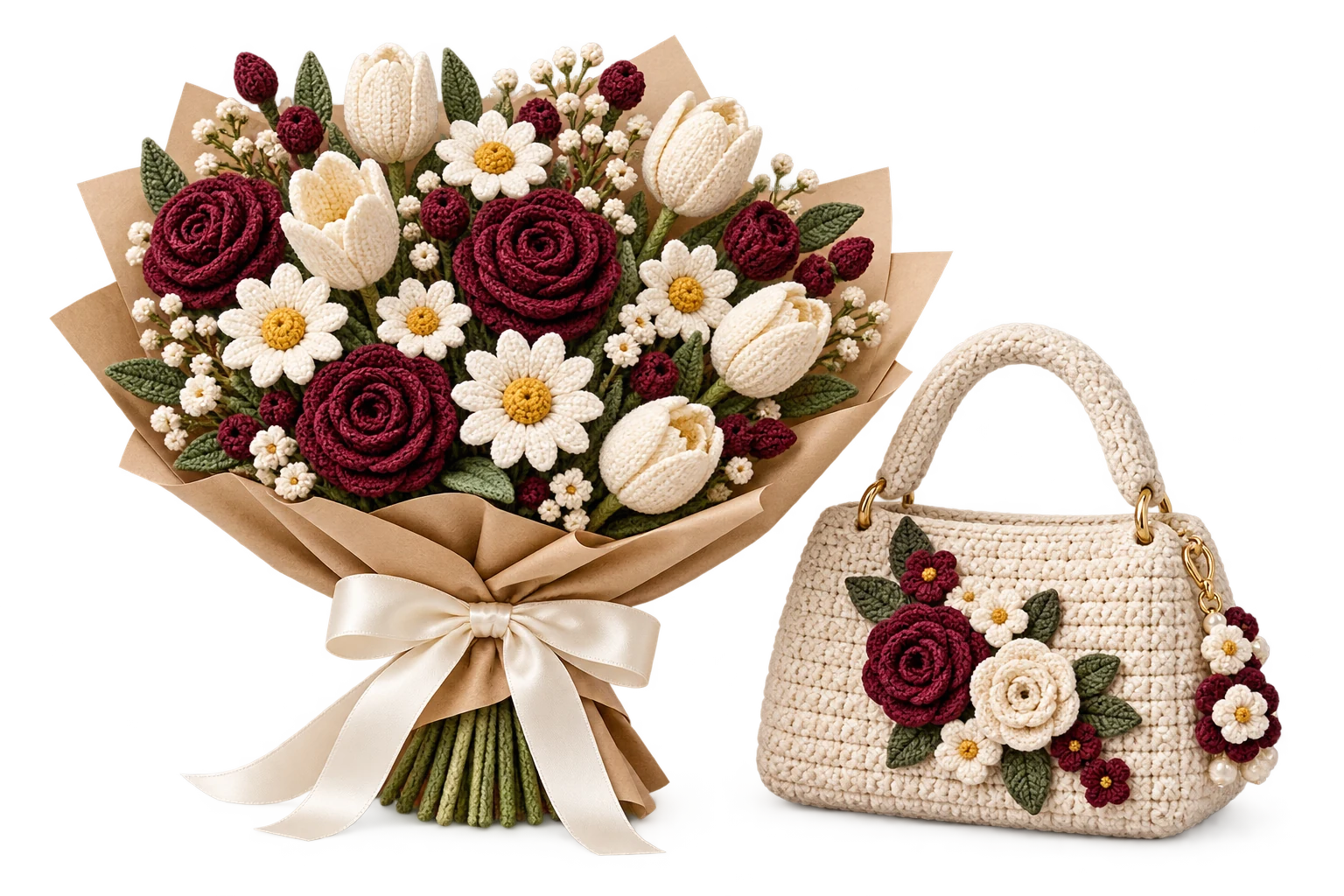 Decorative crochet bouquet and floral handbag artwork in maroon and ivory.