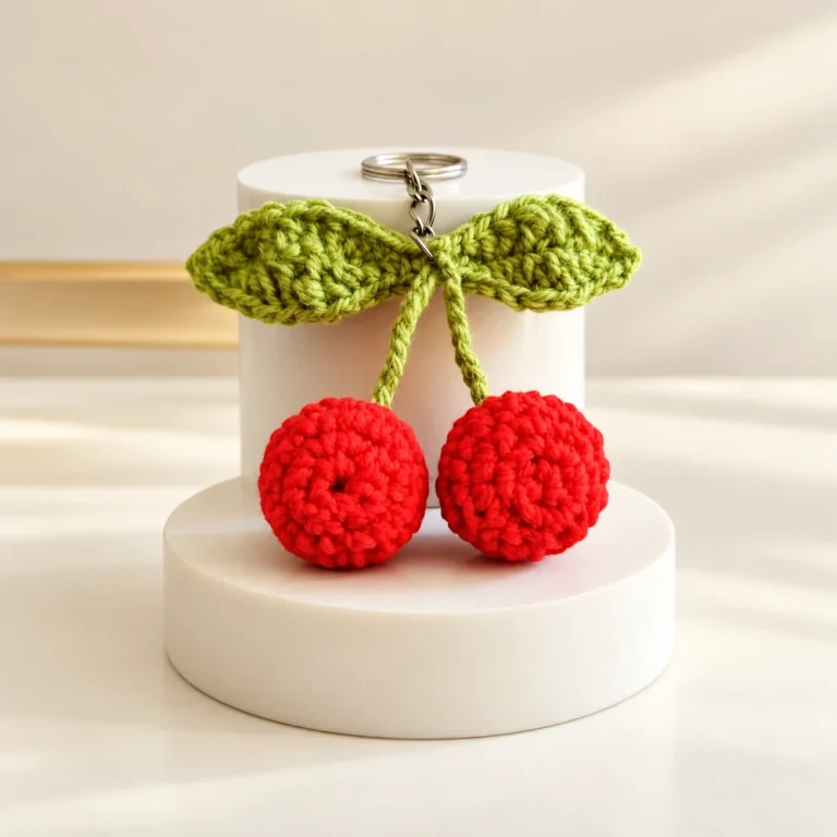 Handmade crochet cherry keychain with two red cherries, green leaves and a metal key ring