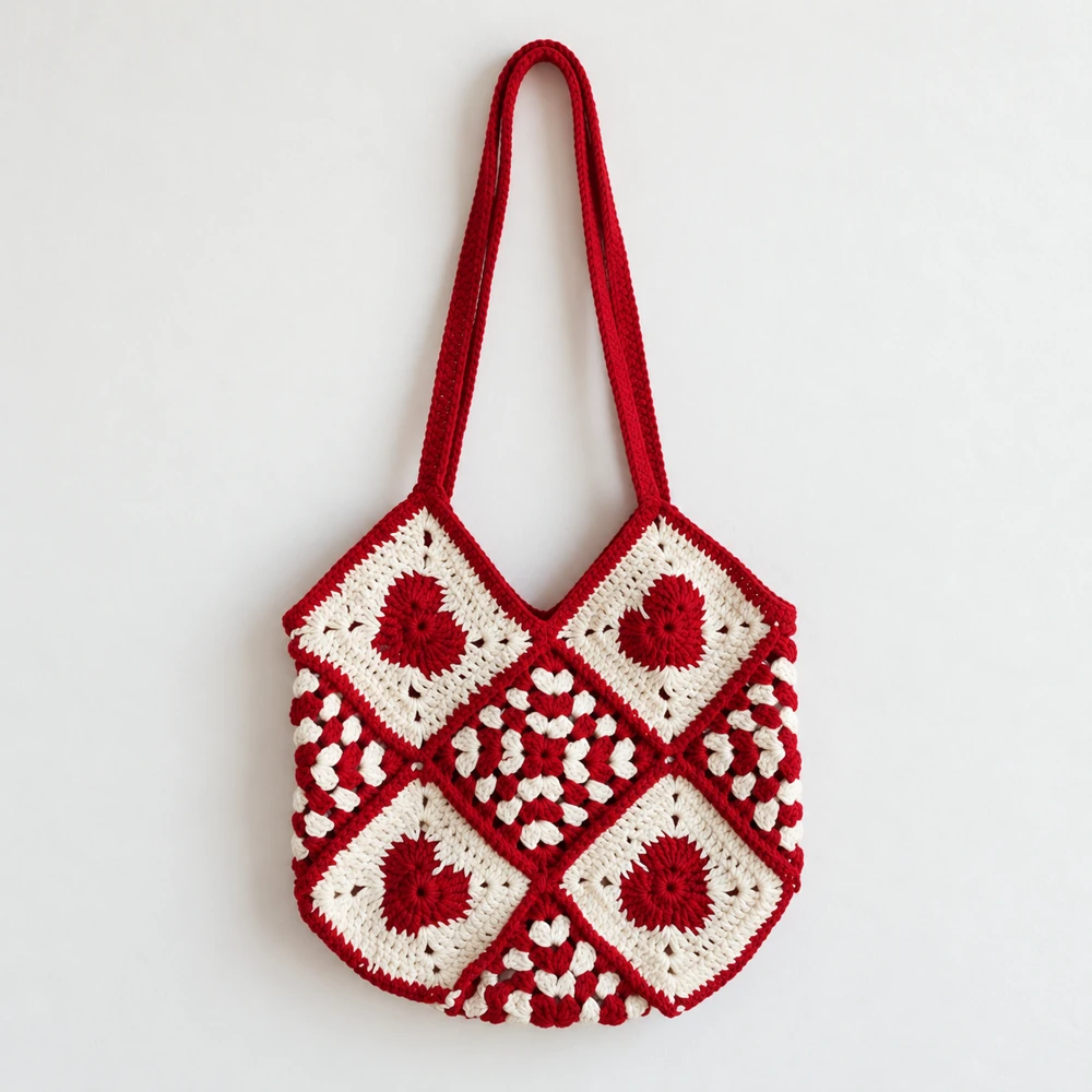 crochet heart granny square tote bag